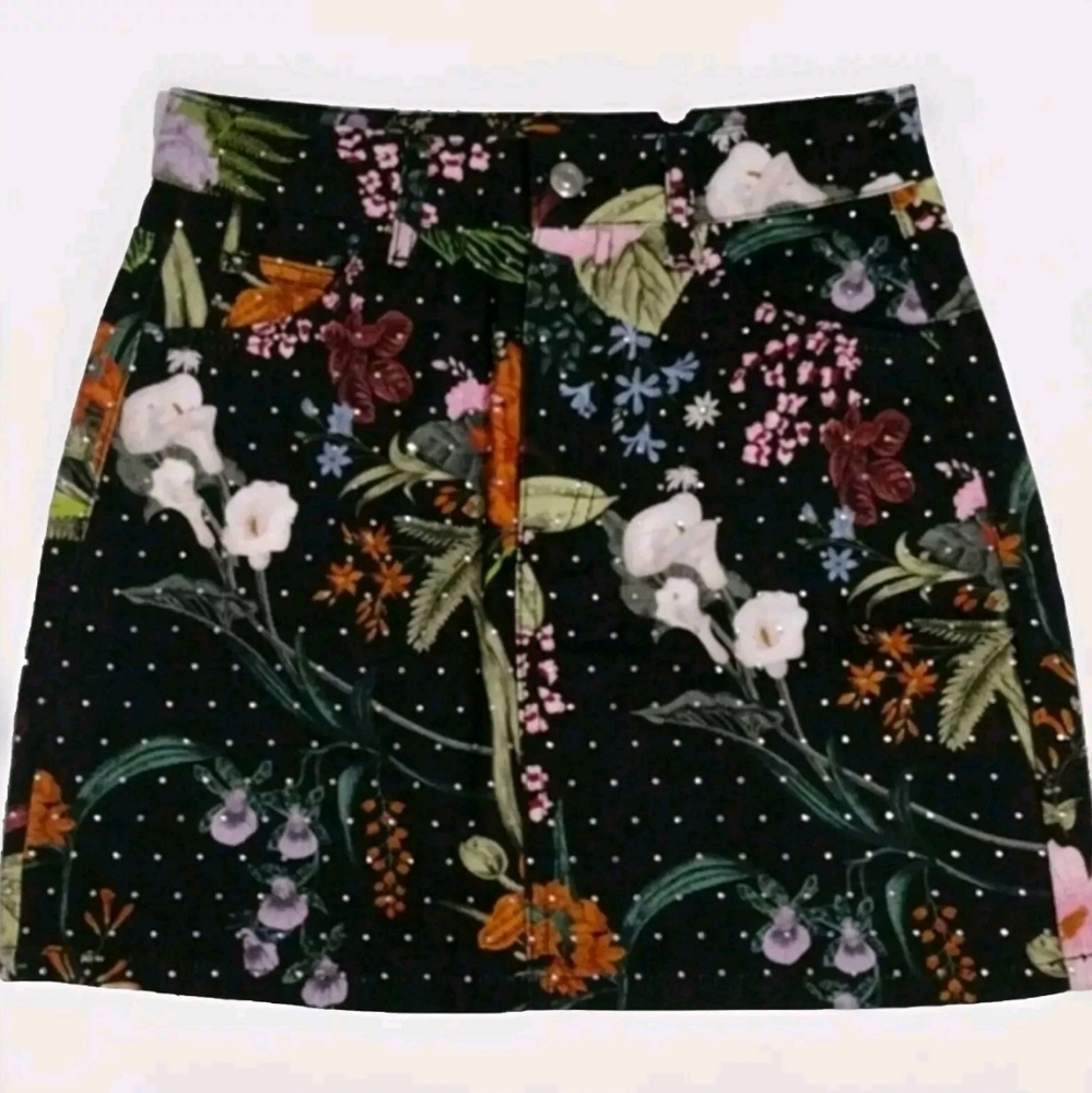 Topshop Moto Floral Denim Skirt Size 4 Rhinestone Embellished Bedazzled Trendy
